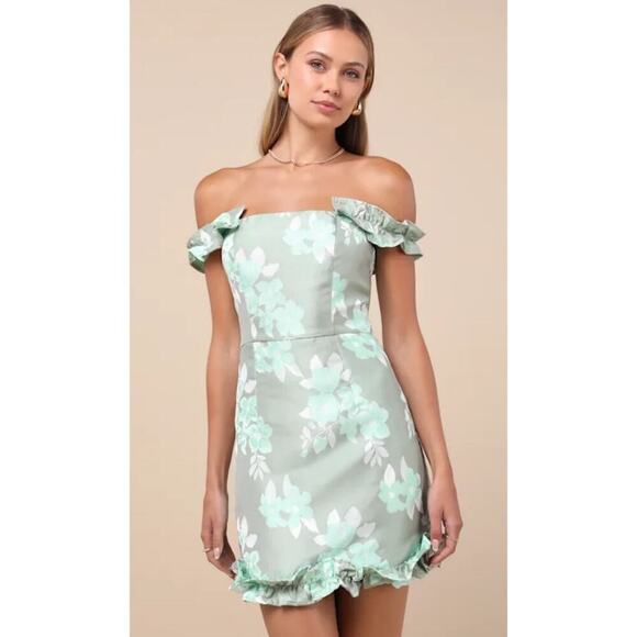 Lulus Dresses & Skirts - NWT Lulus Pop the Bottle Sage Green Floral Jacquard Ruffled Mini Dress Size XL
